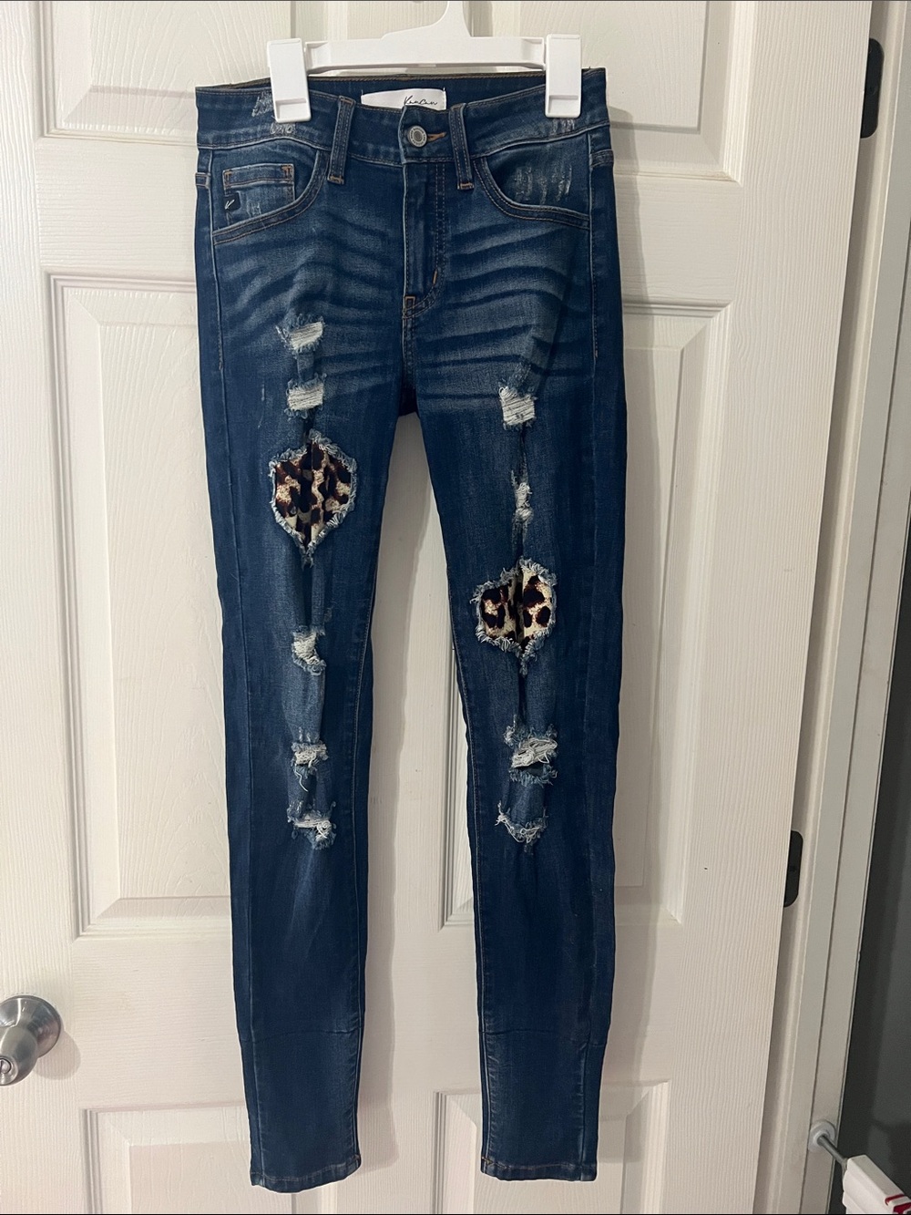 KanCan Dark Blue Skinny Jeans with Leopard Patch Accents